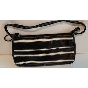 LIZ CLAIBORNE VINTAGE Tote‎ Bag Purse Womens Black White Stripes VEGAN leather